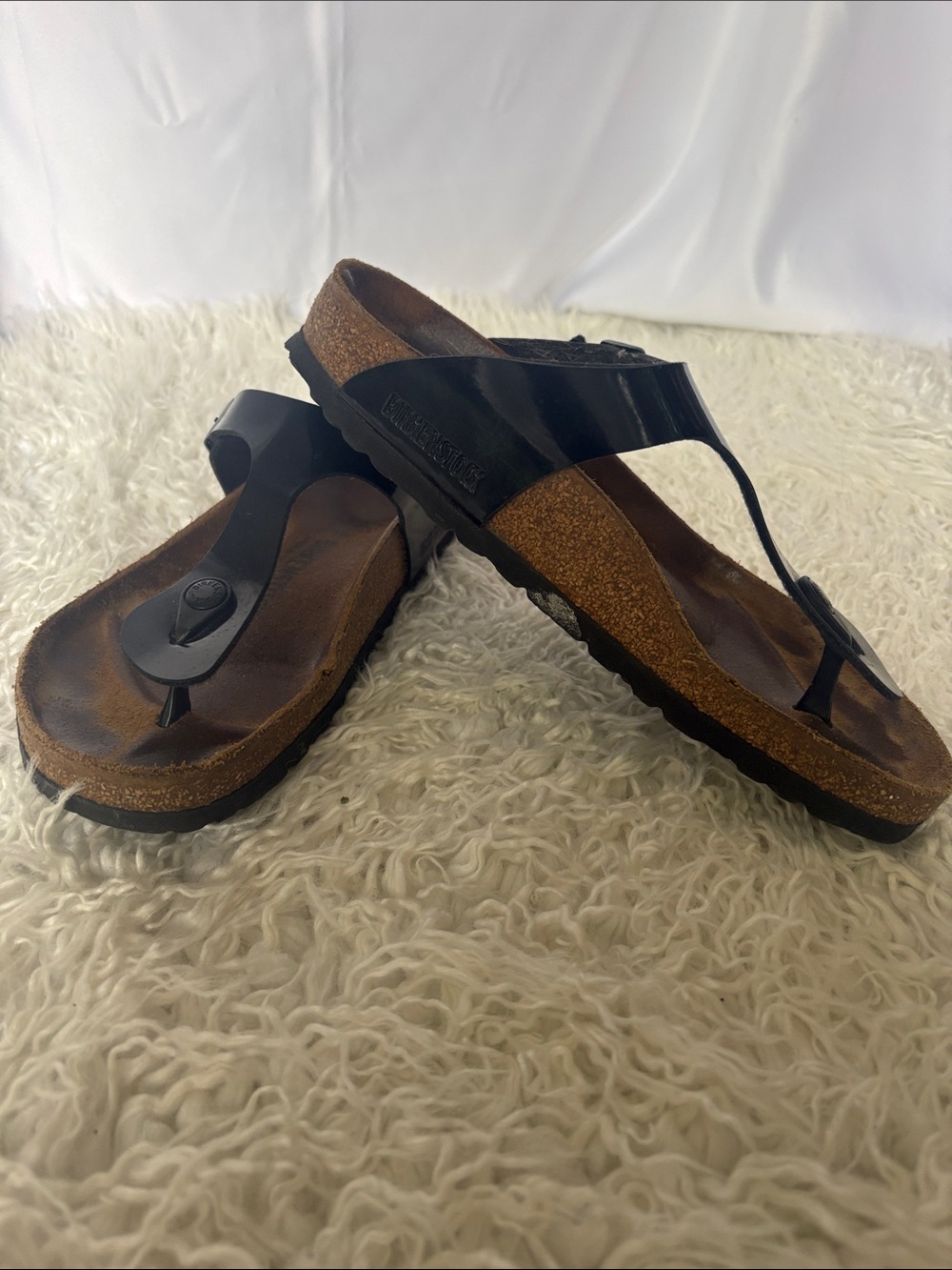Birkenstock Black Patent Thong Sandals with Cork Footbed